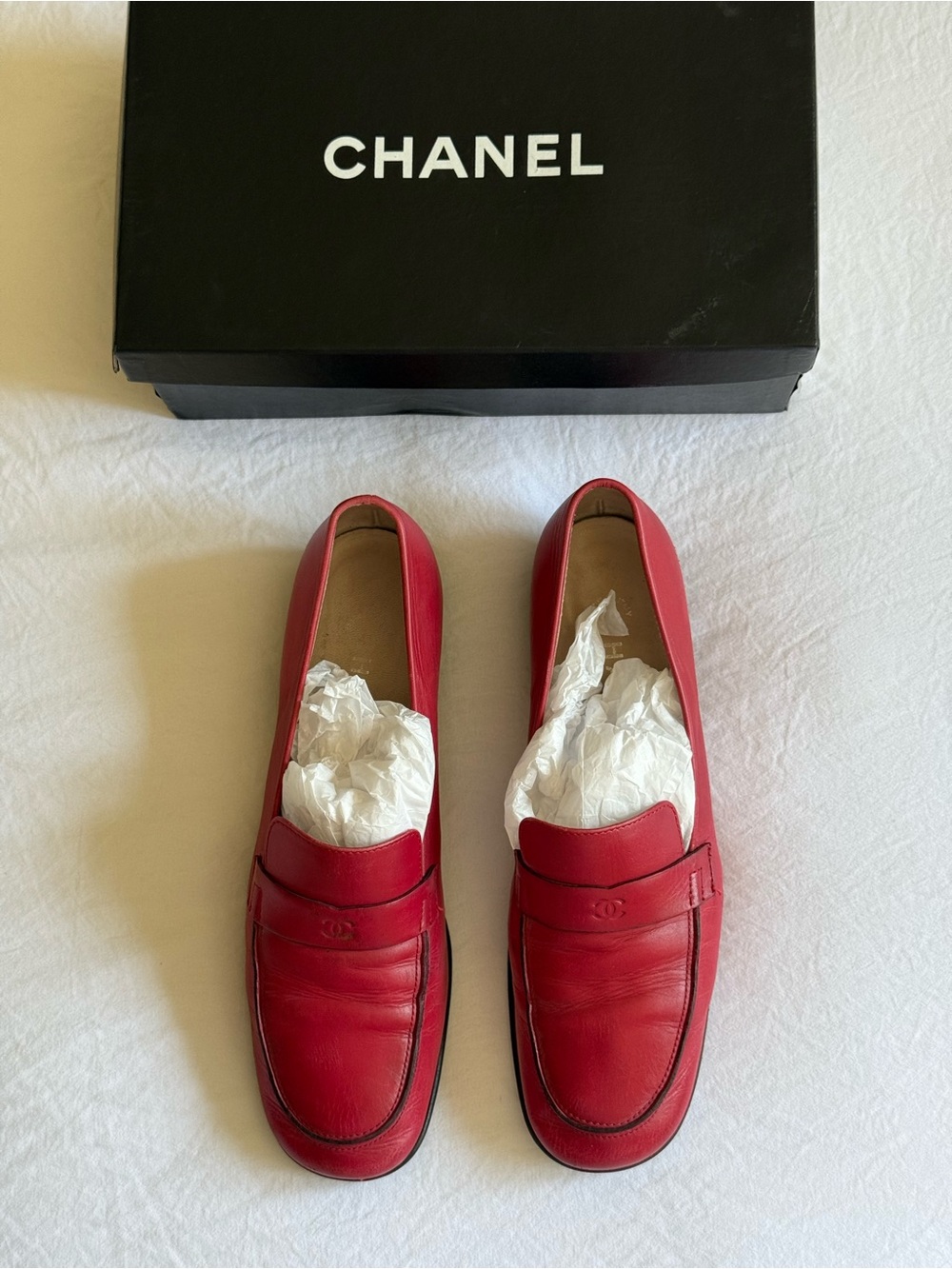 CHANEL Archive 2000s Red Leather Penny Loafers/Flats. Original box